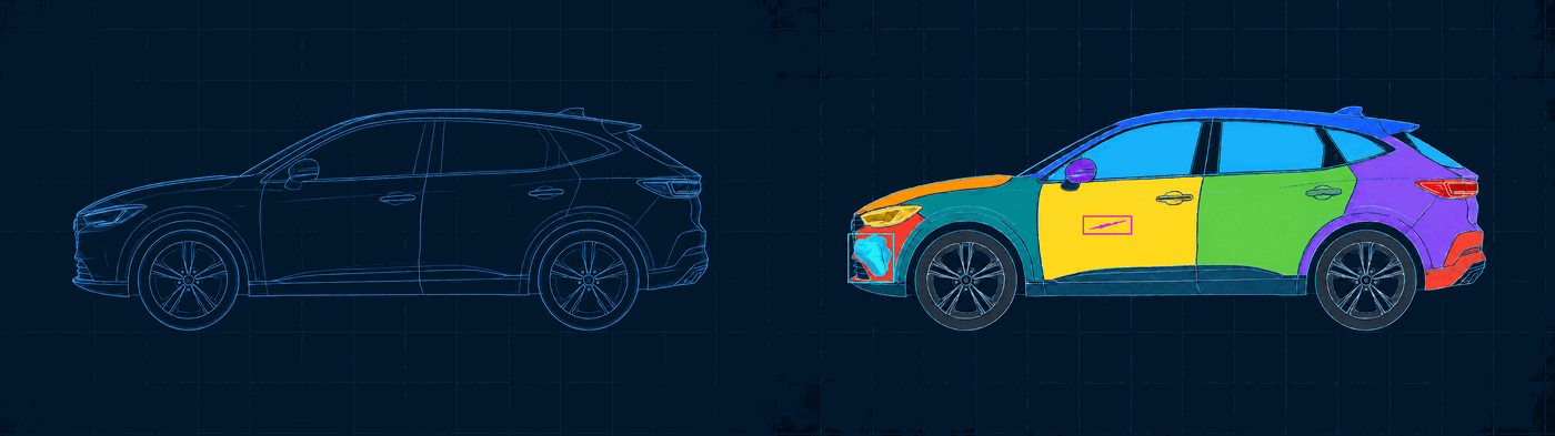 Side-by-side rotating scan: blueprint outline on the left, color-segmented parts with a detected dent highlighted on the right