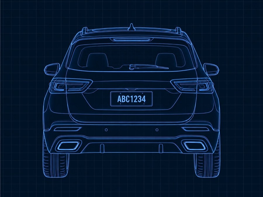 Rear-view blueprint of a vehicle with license plate ABC 1234