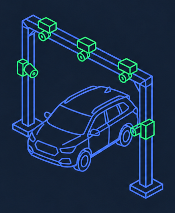 A vehicle under a multi-camera gantry scanner