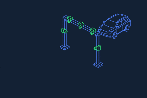 A vehicle passing through a multi-camera gantry scanner