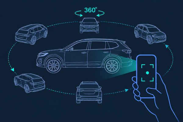 A vehicle surrounded by 360-degree orbit markers with a phone capturing it