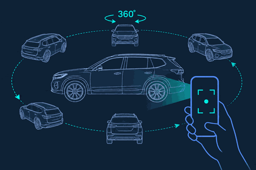 A phone moving around a vehicle capturing it from multiple angles