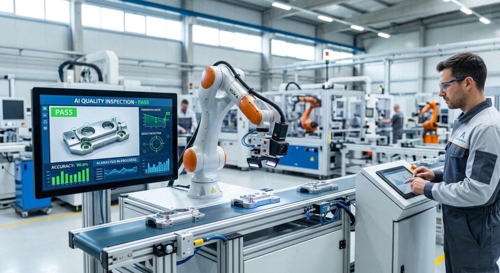 An industrial setting featuring an AI-powered automated quality inspection system. A robotic arm with a camera scans metal parts on a conveyor belt, while a digital screen displays real-time analysis, defect detection, and a 'PASS' status. A technician monitors the process via a control panel in a modern factory. Gemini_generated_image