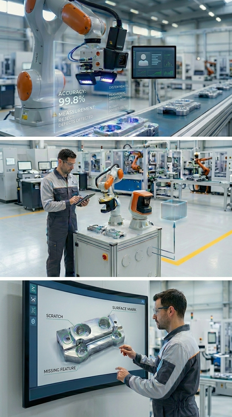 A vertical three-panel collage showcasing industrial AI solutions. Top panel: A robotic arm performs automated quality inspection on a conveyor belt with a digital overlay showing 99.8% accuracy. Middle panel: A technician uses a tablet to manage a modular, mobile AI inspection unit, representing system flexibility. Bottom panel: A specialist interacts with a large touchscreen to identify product defects like scratches and missing features, with a 'Learning Curve' graph indicating the AI's self-improvement through human interaction. Gemini_generated_image
